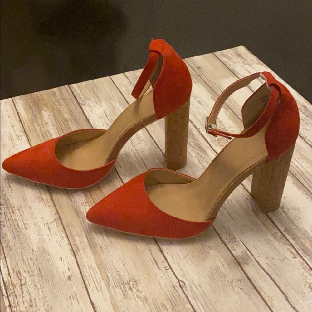 NEW red suede ankle strap cork platform heel 9